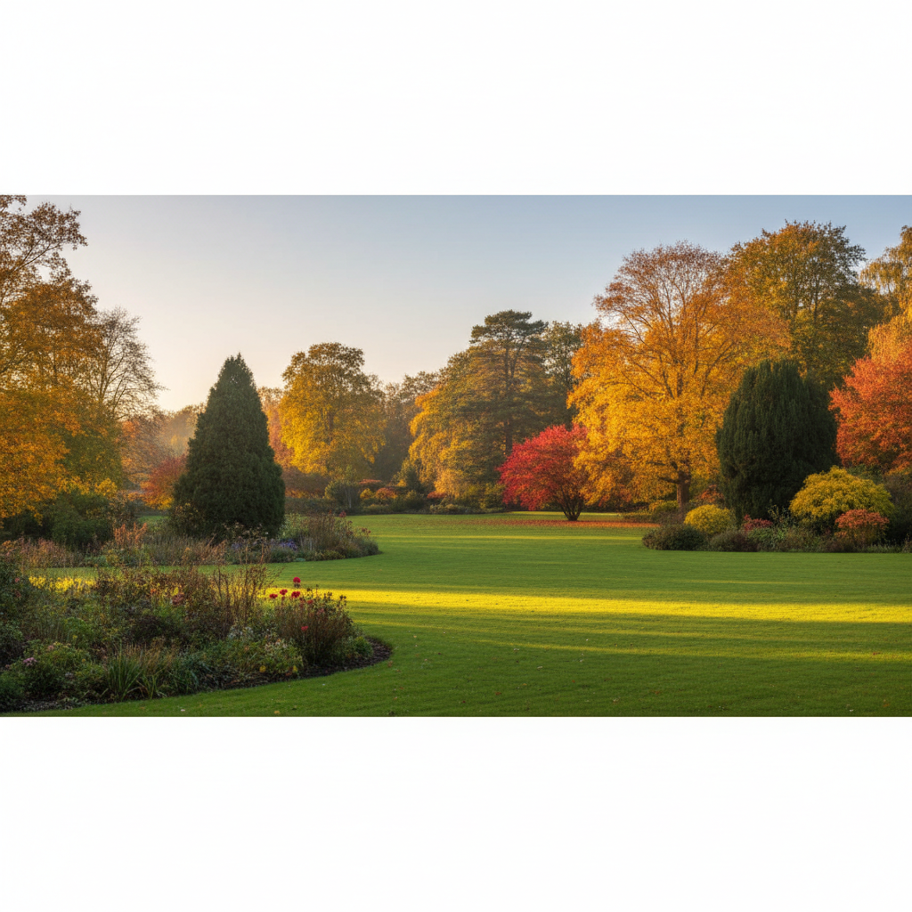 Szerokie ujęcie malowniczego, zadbanego ogrodu w pełni jesiennych barw. Złote i czerwone liście na drzewach, intensywnie zielone iglaki i dobrze utrzymany trawnik. Ciepłe, popołudniowe słońce, tworzące długie cienie. Realistyczny, fotograficzny styl, emanujący spokojem i pięknem natury.