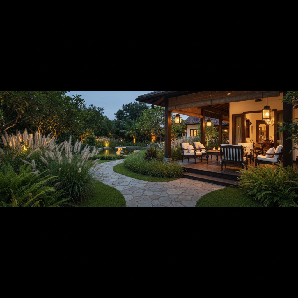 Panoramiczny widok na bujny, starannie zaprojektowany ogród w stylu kolonialnym o zmierzchu. Kamienna ścieżka wije się w kierunku drewnianej werandy z meblami z ciemnego drewna tekowego i białymi poduszkami. Ogród wypełnia mieszanka europejskich i egzotycznie wyglądających roślin, w tym wysokie trawy ozdobne i paprocie o dużych liściach. W tle znajduje się mały, spokojny staw z pojedynczą kamienną latarnią. Ciepłe światło z lampionów na werandzie i ukrytych w ogrodzie lamp tworzy magiczną, zapraszającą i spokojną atmosferę.