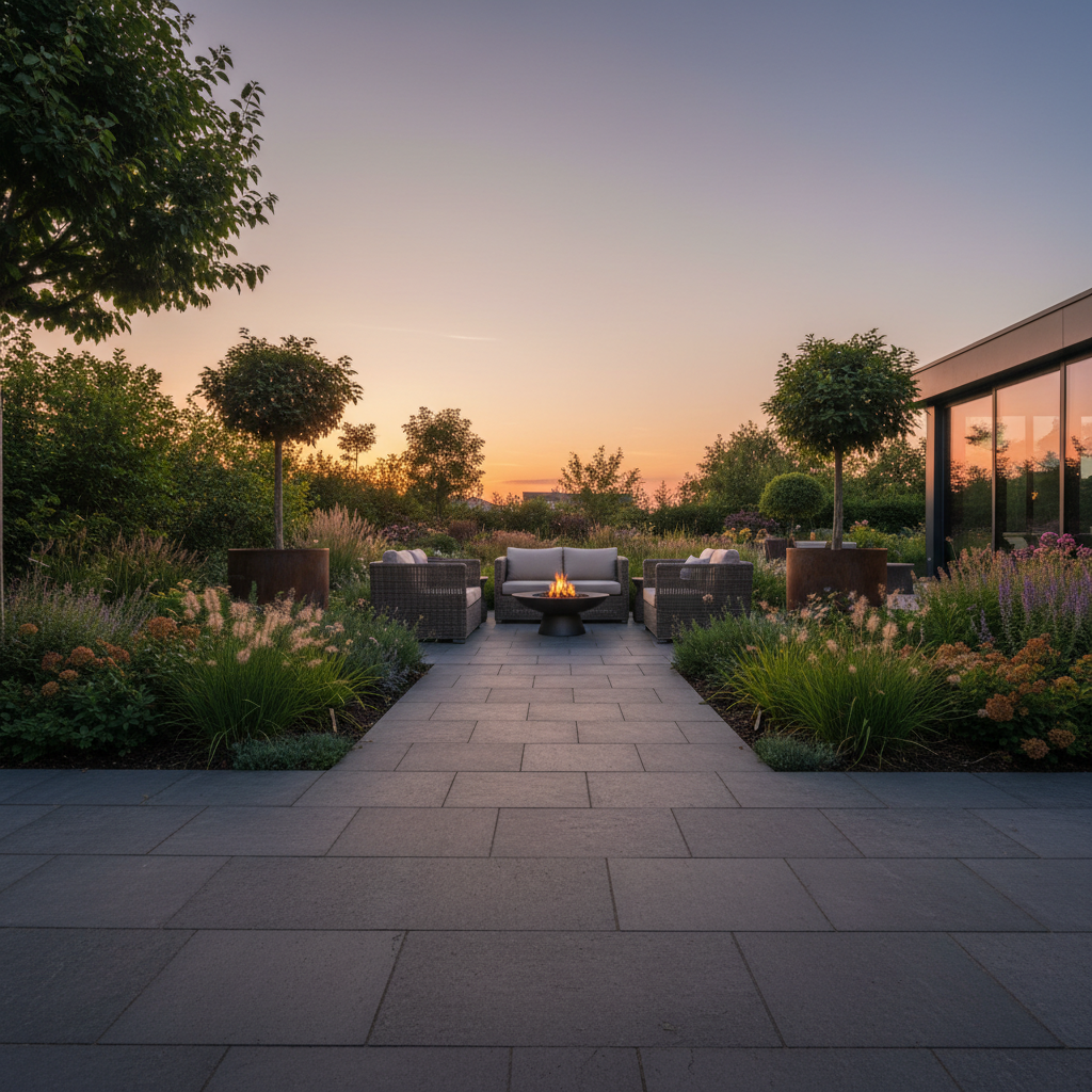 Szeroki kadr przedstawiający pięknie zaaranżowany, nowoczesny ogród o zachodzie słońca. Na pierwszym planie widoczna jest elegancka nawierzchnia z dużej, grafitowej kostki brukowej, która prowadzi w głąb ogrodu do stylowej strefy wypoczynkowej z meblami ogrodowymi i paleniskiem. Światło jest ciepłe i miękkie, podkreślając teksturę kostki oraz bujną zieleń otaczających roślin. Obraz ma charakter aspiracyjny i inspirujący, pokazując finalny, wymarzony efekt prac brukarskich.