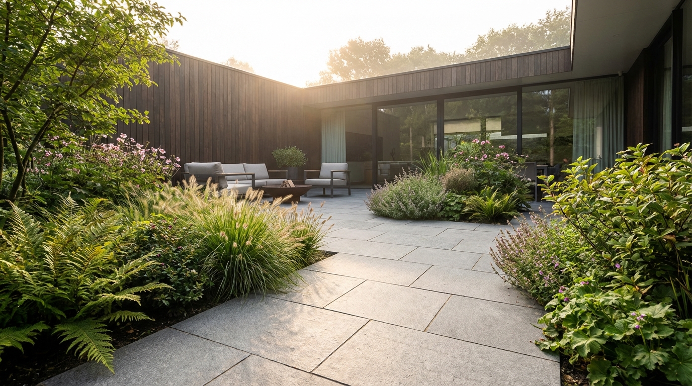 Szeroki kadr eleganckiego, nowoczesnego tarasu wyłożonego szarą kostką brukową, otoczonego bujną zielenią ogrodu. Miękkie, poranne światło podkreśla fakturę kostki i zieleń roślin. W tle widać fragment nowoczesnego domu.