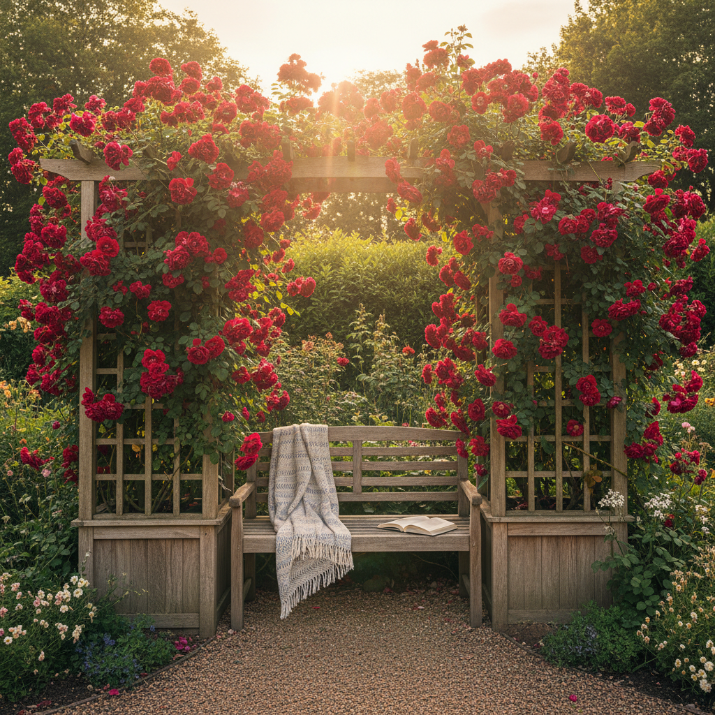 Przytulny, zaciszny kącik w ogrodzie. Dwie drewniane donice z pergolami w kolorze naturalnego drewna są połączone prostą, drewnianą ławką. Po pergolach pną się gęsto kwitnące, czerwone róże. Na ławce leży koc i książka. Scena jest ciepła, romantyczna i zachęcająca do odpoczynku.