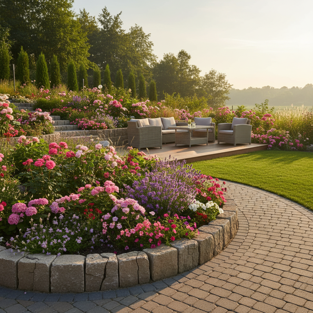 Szerokie ujęcie malowniczego, wielopoziomowego ogrodu w pełnym rozkwicie. Na pierwszym planie widać niski murek oporowy z postarzanej, łamanej palisady Polbruk, który oddziela bujną rabatę kwiatową od ścieżki z kostki brukowej. W tle, na wyższym poziomie, znajduje się taras z meblami ogrodowymi i soczyście zielony trawnik. Całość oświetlona jest ciepłym, letnim słońcem, tworząc idylliczną i zachęcającą atmosferę.
