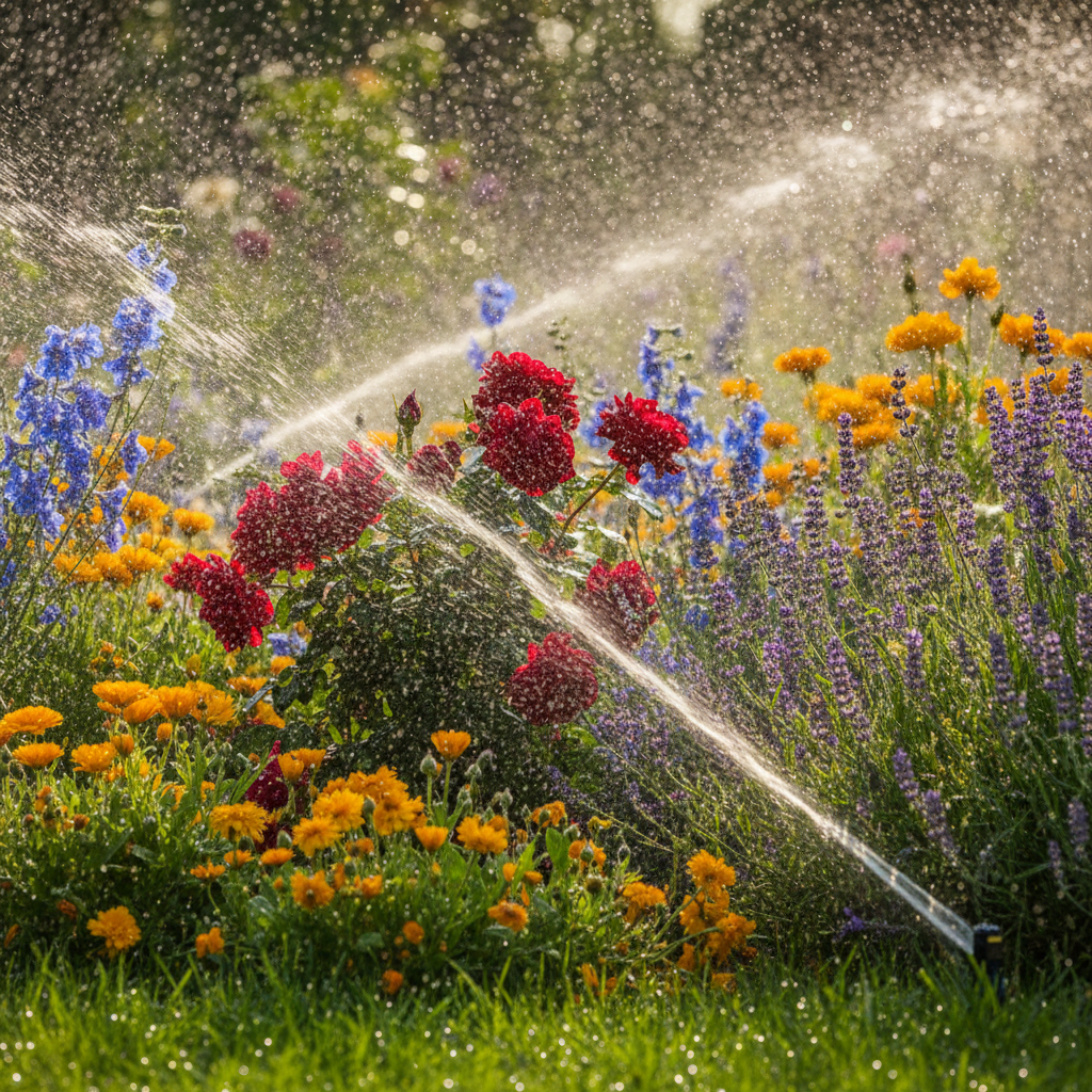 Ujęcie z bliska na bujną, zieloną trawę i kolorowe kwiaty w ogrodzie, które są podlewane przez automatyczny system zraszaczy. Krople wody mienią się w słońcu, co symbolizuje życie i ekologiczne wykorzystanie zasobów.