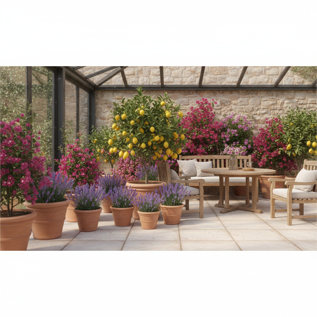 Słoneczny ogród zimowy w stylu śródziemnomorskim z terakotowymi donicami. Centralnym punktem jest małe drzewko cytrynowe z żółtymi owocami, otoczone przez kwitnącą bugenwillę i aromatyczną lawendę. W tle widać kamienną ścianę i drewniane meble, tworzące ciepłą i przytulną atmosferę.