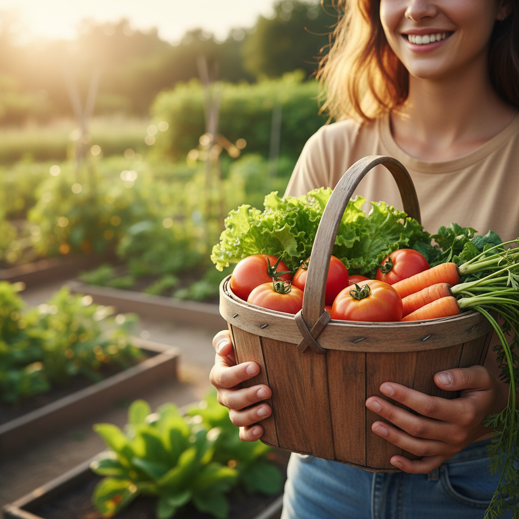 Zbliżenie na dłonie uśmiechniętej, młodej osoby, trzymającej rustykalny, drewniany kosz wypełniony świeżo zebranymi, żywymi warzywami, takimi jak czerwone pomidory, zielona sałata i pomarańczowe marchewki. W rozmytym tle widać słoneczny, kwitnący mały ogród warzywny z podwyższonymi grządkami. Oświetlenie jest ciepłe i złote, co wywołuje poczucie satysfakcji i zdrowego stylu życia.
