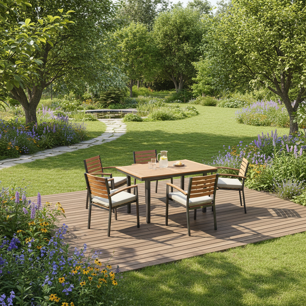 Szerokie ujęcie słonecznego, zielonego ogrodu. W centralnym punkcie, na drewnianym tarasie, stoi elegancki komplet ogrodowy z drewna akacjowego i czarnego aluminium. Na stole widać dzbanek z lemoniadą, a na krzesłach leżą wygodne, jasne poduszki. Scena jest spokojna i zachęcająca do relaksu.