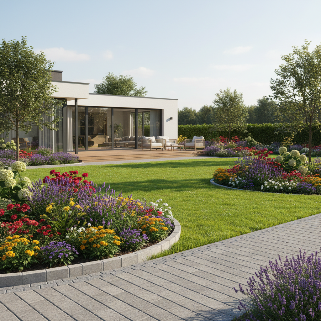 Szerokie ujęcie malowniczego, zadbanego ogrodu w słoneczny dzień. Na pierwszym planie widać elegancko wytyczoną ścieżkę z kostki brukowej Libet, której krawędzie są precyzyjnie oddzielone od bujnego, zielonego trawnika i kolorowych rabat kwiatowych za pomocą betonowych palisad. W tle widać nowoczesny dom z tarasem. Całość tworzy wrażenie harmonii, porządku i luksusu.