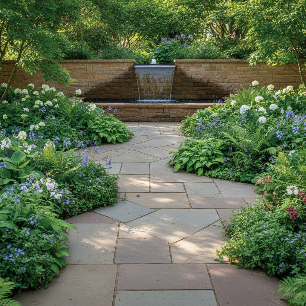 Spokojna ścieżka ogrodowa wykonana z dużych, nieregularnych płyt piaskowca, wijąca się wśród bujnej, zielonej roślinności. W tle widoczny jest niski murek oporowy z tego samego kamienia oraz nowoczesna fontanna. Atmosfera jest sielska i naturalna. Zdjęcie w stylu fotorealistycznym, jak z magazynu o ogrodnictwie.