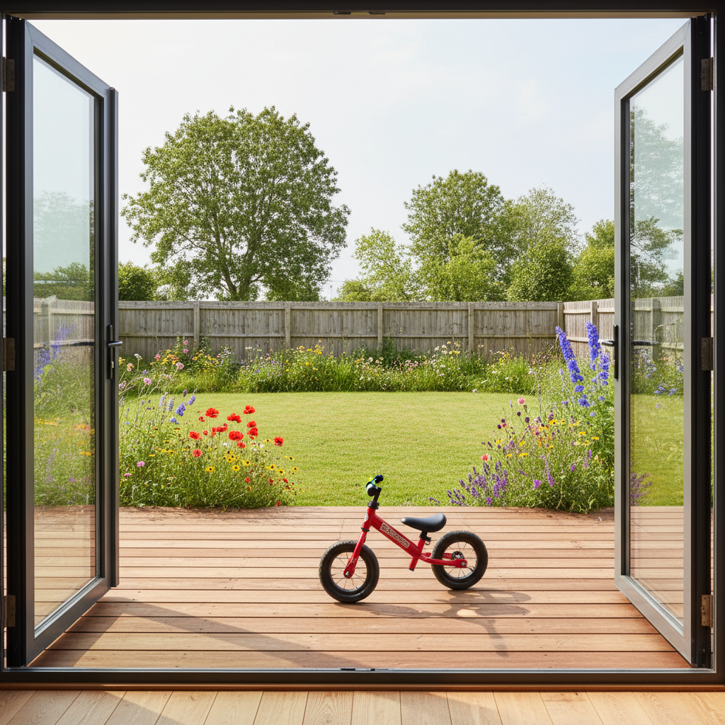 Widok z wnętrza domu parterowego na taras i ogród. Drzwi tarasowe są szeroko otwarte, zacierając granicę między domem a naturą. Na drewnianym tarasie stoi mały, bezpieczny rowerek dziecięcy, a w oddali widać zieloną trawę i kolorowe kwiaty. Scena jest spokojna i idylliczna, podkreślająca łatwy dostęp do ogrodu i bezpieczeństwo dla najmłodszych domowników.