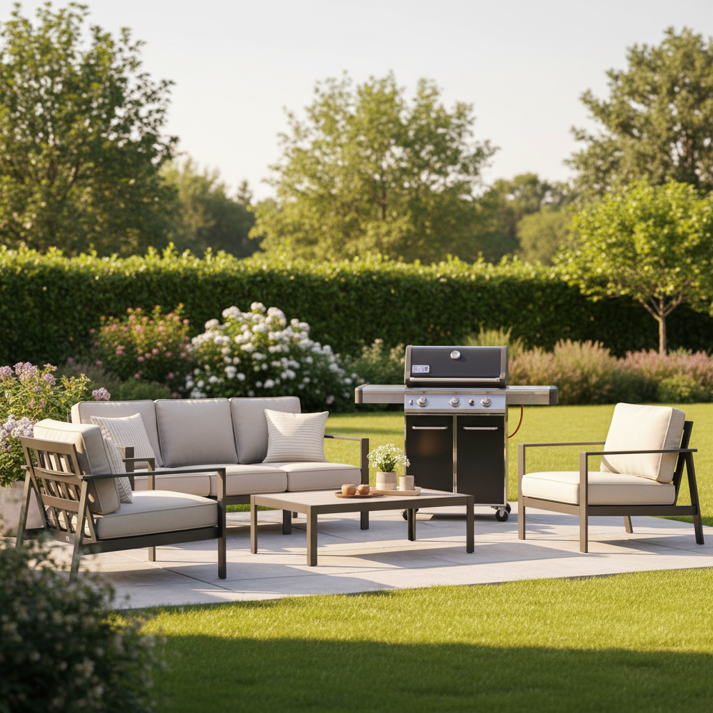 Słoneczny, zadbany ogród z nowoczesnym tarasem. Na tarasie stoją eleganckie meble ogrodowe – sofa i fotele z jasnymi poduszkami. Obok designerski grill gazowy. W tle widać bujną, zieloną roślinność, kwitnące krzewy i idealnie przystrzyżony trawnik. Ciepłe, popołudniowe światło, atmosfera relaksu i spokoju.