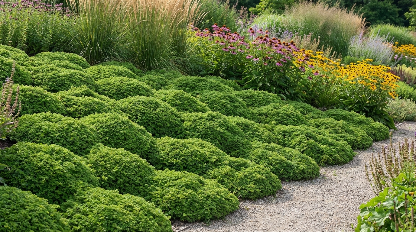 Aranżacja ogrodowa, w której Tawulec pogięty 'Crispa' jest użyty jako roślina okrywowa na skarpie lub dużej rabacie. Widać kilka gęstych, zielonych poduch krzewu, które tworzą spójną, pofalowaną powierzchnię. W tle znajdują się wyższe rośliny, takie jak trawy ozdobne i kwitnące byliny, co pokazuje, jak dobrze tawulec komponuje się z innymi gatunkami.