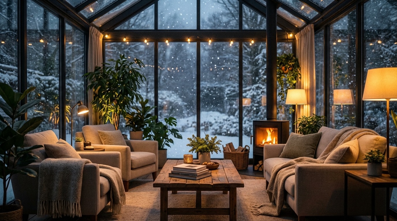 Elegancki, nowoczesny ogród zimowy w nocy, z przytulnym, ciepłym oświetleniem. Wewnątrz znajdują się wygodne fotele, bujna, zielona roślinność i kilka książek na stoliku kawowym. Przez duże, szklane ściany widać zaśnieżony, zimowy krajobraz z delikatnie padającym śniegiem. Wnętrze jest ciepłe i zapraszające, tworząc idealny kontrast z zimnem na zewnątrz. Styl fotorealistyczny, ciepła paleta barw wewnątrz.