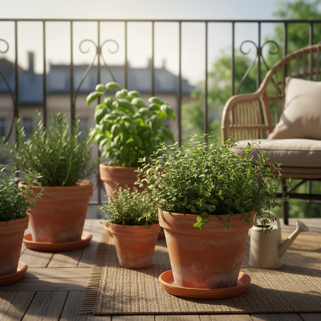Słoneczny balkon mieszkania z kilkoma terakotowymi doniczkami. W jednej z nich, na pierwszym planie, rośnie bujna kępa oregano. W tle widoczne są inne zioła, takie jak bazylia i rozmaryn. Scena emanuje spokojem i przywołuje na myśl mały, miejski ogródek ziołowy.