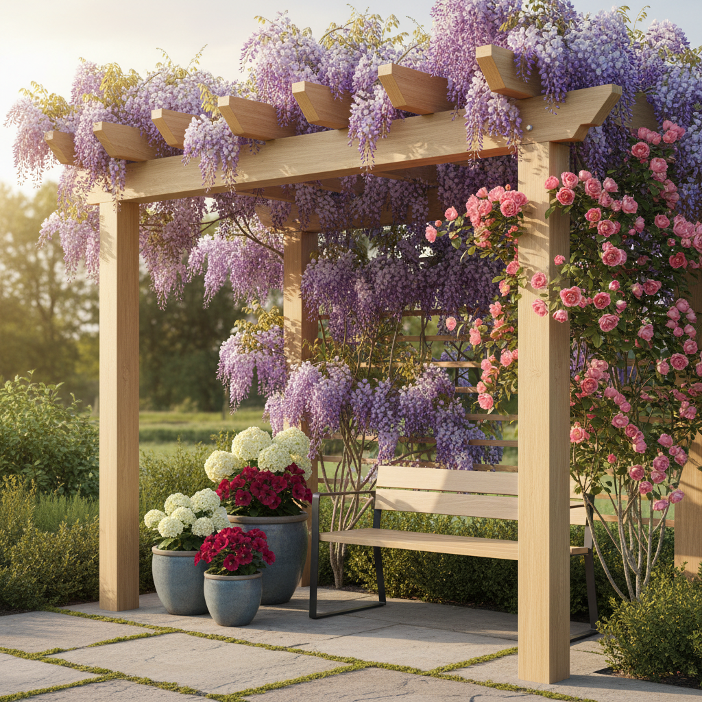 Stylowy zakątek w ogrodzie z drewnianą pergolą porośniętą kwitnącym pnączem, np. wisterią lub różą. Pod pergolą stoi nowoczesna, minimalistyczna ławka ogrodowa, a obok niej kilka ozdobnych donic z kwiatami. Całość tworzy urokliwe miejsce do odpoczynku i jest doskonałym przykładem małej architektury.