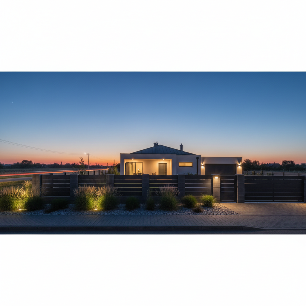 Szerokie, panoramiczne ujęcie nowoczesnego domu jednorodzinnego o zmierzchu. Dom jest subtelnie oświetlony, a na pierwszym planie widać eleganckie, minimalistyczne ogrodzenie z gładkich, grafitowych bloków (styl Maxima). Ogrodzenie jest zintegrowane z zadbanym ogrodem z ozdobnymi trawami i oświetleniem punktowym. Całość tworzy spójny, luksusowy i bezpieczny obraz posesji.