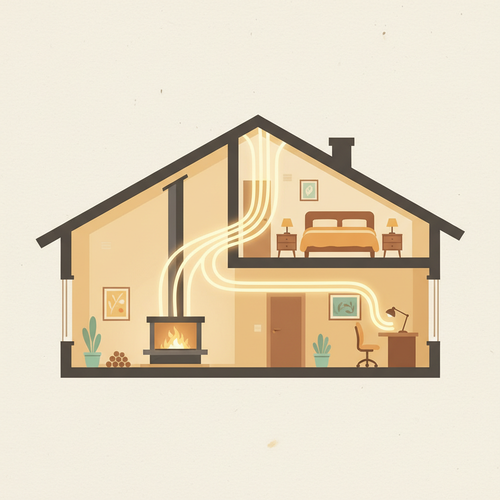 Estetyczna, uproszczona grafika przekroju domu jednorodzinnego. Widoczny jest kominek w salonie, od którego rozchodzą się świetliste linie symbolizujące kanały z ciepłym powietrzem, docierające do sypialni na piętrze i gabinetu na parterze. Całość utrzymana w ciepłej, przyjaznej kolorystyce.