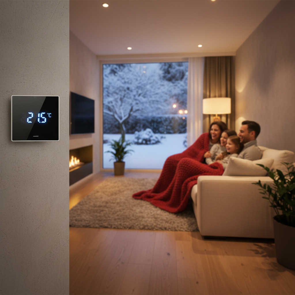 Nowoczesny, przytulny salon w zimowy wieczór. Za dużym oknem widać ośnieżony ogród, w środku panuje ciepła atmosfera. Na pierwszym planie widać nowoczesny, elegancki termostat na ścianie, a w tle rodzinę siedzącą na kanapie pod kocem. Oświetlenie jest miękkie i ciepłe, co podkreśla poczucie komfortu i bezpieczeństwa.
