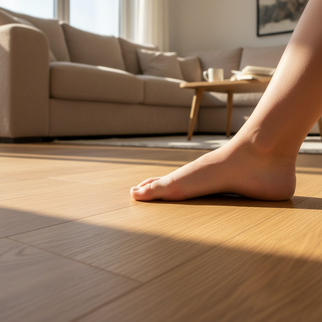 Ujęcie z niskiej perspektywy pokazujące bose stopy dziecka lub osoby dorosłej na ciepłej, drewnianej podłodze w salonie. W tle widać kanapę i miękkie światło wpadające przez okno, co tworzy atmosferę domowego ciepła i komfortu wynikającego z ogrzewania podłogowego.