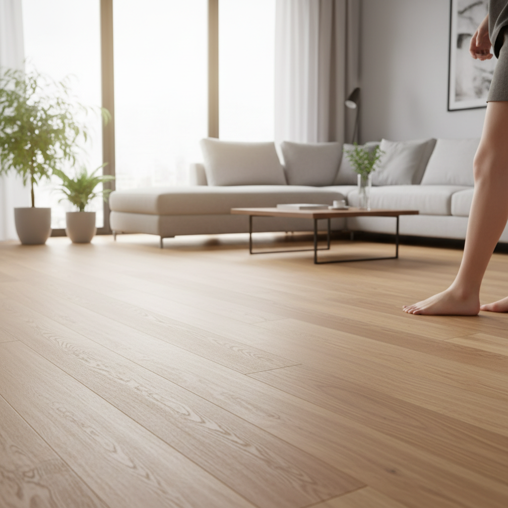Nowoczesny, przytulny salon z piękną podłogą z paneli o wyglądzie naturalnego dębu. Przez duże okno wpada miękkie, ciepłe światło, które podkreśla fakturę podłogi. Na pierwszym planie widać bose stopy osoby, która z przyjemnością stąpa po podłodze, co subtelnie sugeruje komfort i ciepło płynące z ogrzewania podłogowego. W tle znajduje się stylowa kanapa i minimalistyczny stolik kawowy.