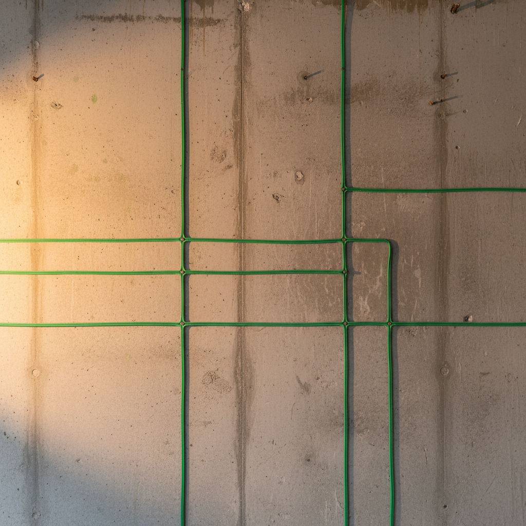 Estetyczne, nieco artystyczne ujęcie ściany w stanie surowym, na której widać starannie ułożony, charakterystyczny zielony przewód magistralny (np. typu EIB/KNX). Przewód tworzy czystą, zorganizowaną sieć, kontrastując z potencjalnym chaosem tradycyjnego okablowania. Światło budowy pada na przewód, podkreślając jego znaczenie jako fundamentu przyszłego inteligentnego domu.