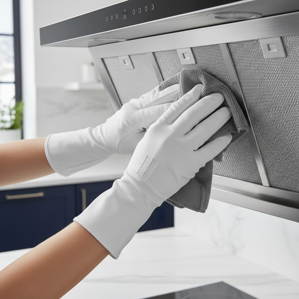 Zbliżenie na dłonie w eleganckich rękawiczkach ochronnych, które za pomocą nowoczesnej ściereczki z mikrofibry czyszczą lśniącą, stalową kratkę okapu kuchennego. Tło jest lekko rozmyte, ukazując fragment czystej, stylowej kuchni.