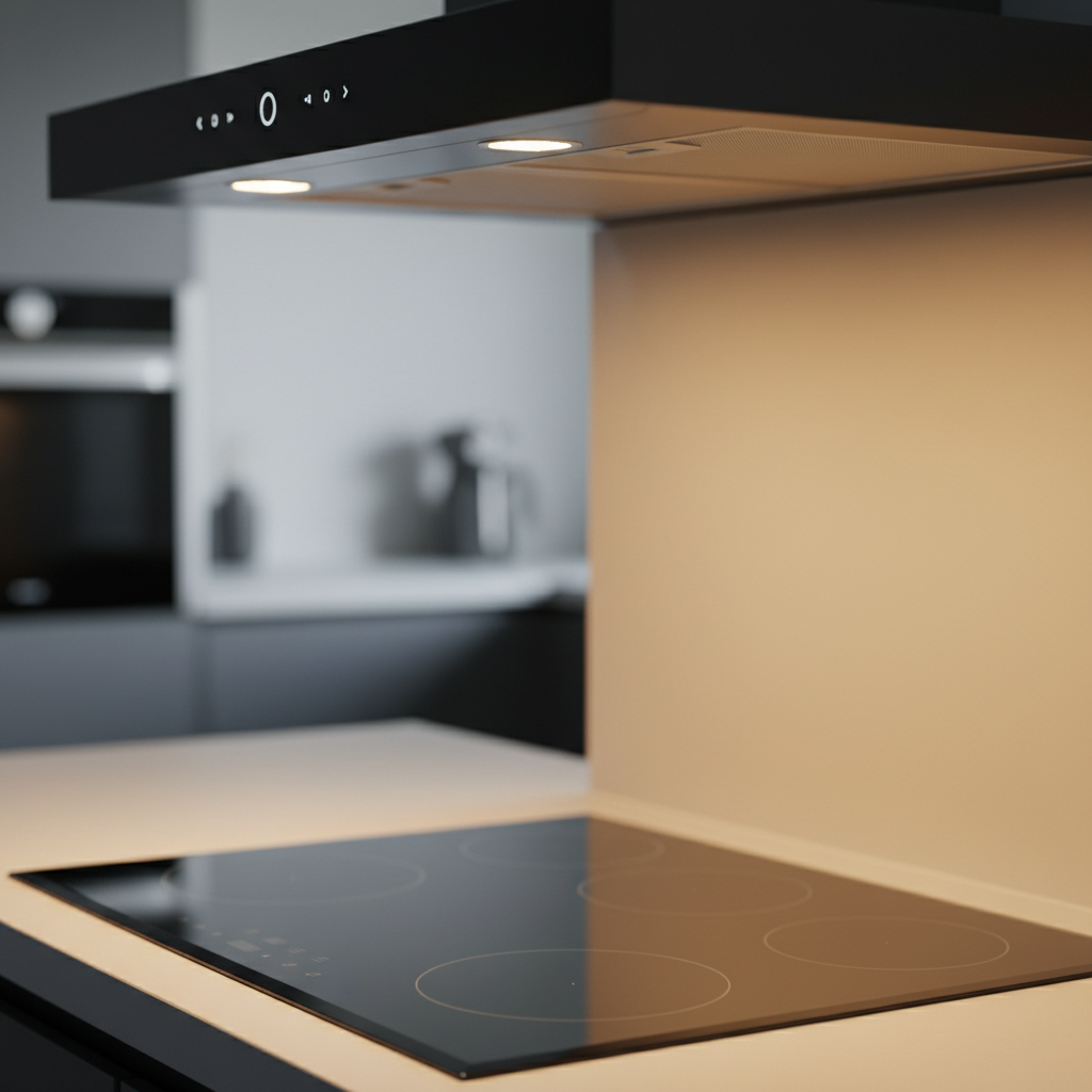 Zbliżenie na nowoczesny, czarny okap kuchenny z włączonym oświetleniem LED, które rzuca ciepłe, jasne światło na lśniącą płytę indukcyjną. Detale panelu dotykowego są subtelnie widoczne. Tło jest lekko rozmyte, co skupia uwagę na urządzeniu i jego eleganckim designie.