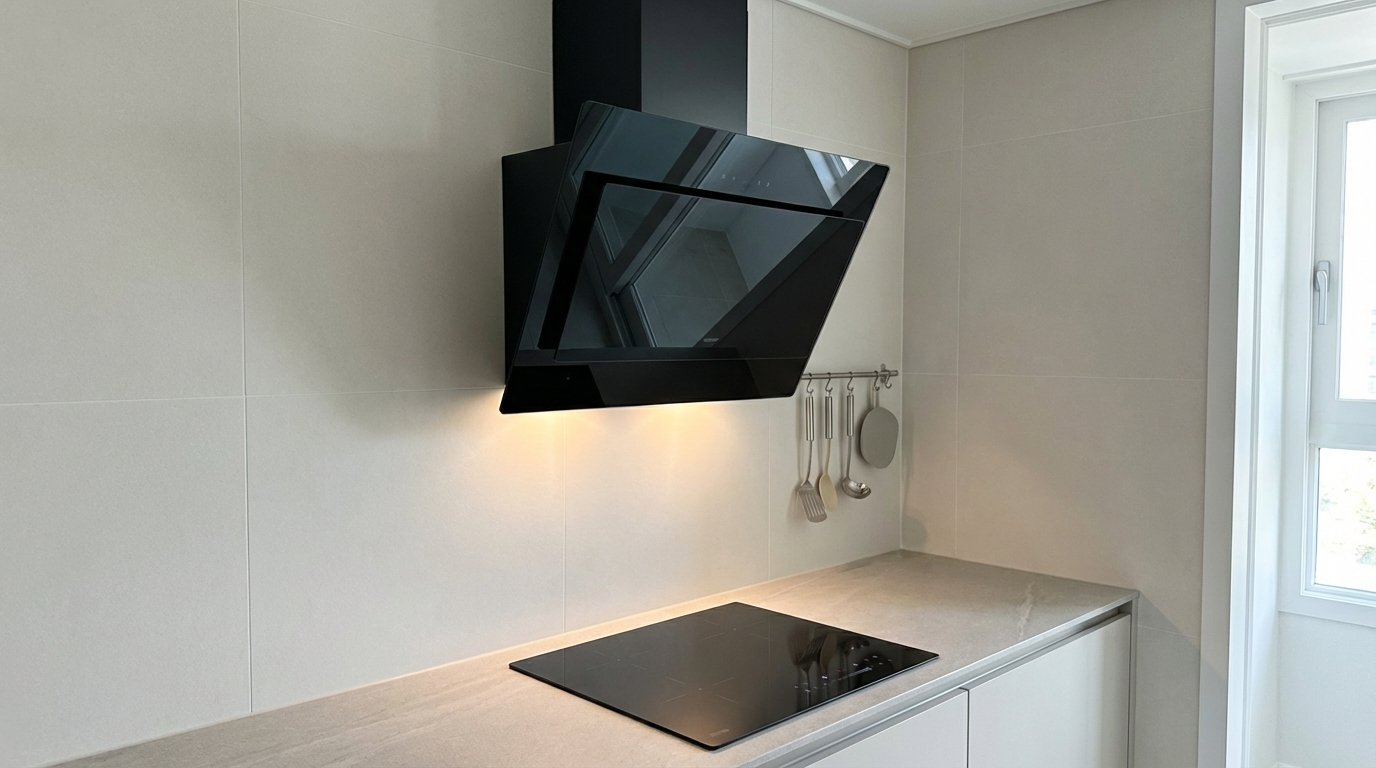 Zdjęcie przedstawiające elegancki, czarny, szklany okap wertykalny (ukośny) zamontowany na tle jasnej, minimalistycznej ściany z płytek. Okap jest podświetlony delikatnym światłem LED, a pod nim znajduje się nowoczesna płyta indukcyjna.