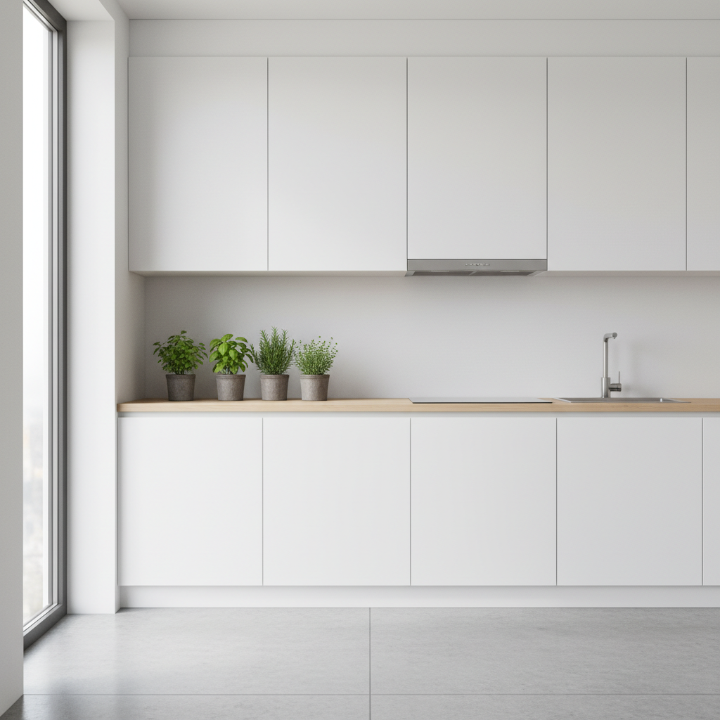 Elegancka, minimalistyczna kuchnia z białymi szafkami bez uchwytów. Okap jest wbudowany w jedną z górnych szafek, co czyni go niemal niewidocznym. Na pierwszym planie widać fragment blatu z ziołami w doniczkach. Scena jest dobrze oświetlona naturalnym światłem, podkreślając czystość i porządek.