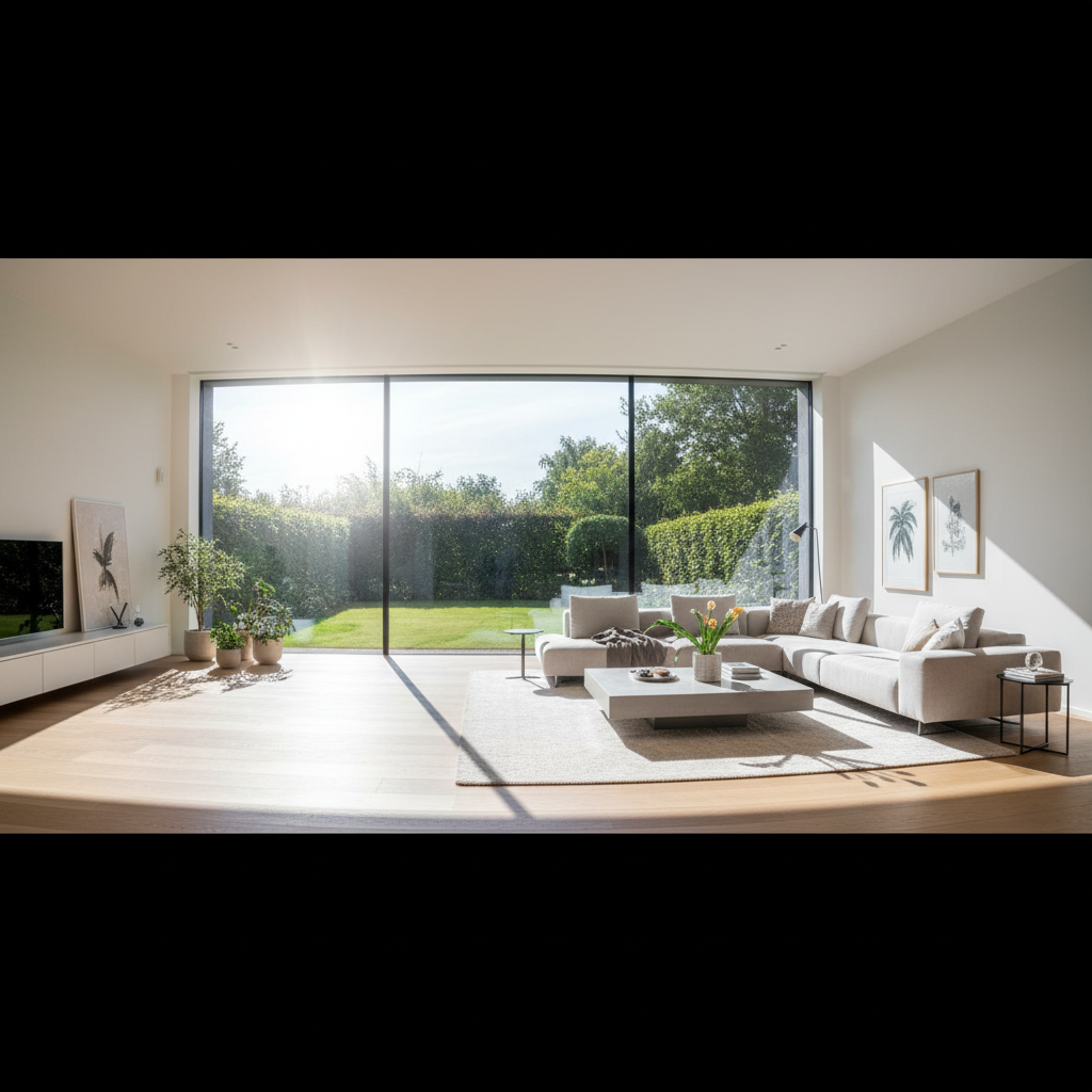 Szeroki kadr przedstawiający wnętrze nowoczesnego salonu z ogromnym oknem sięgającym od podłogi do sufitu. Przez szybę widać zielony, zadbany ogród w słoneczny dzień. Wnętrze jest jasne, minimalistyczne, a promienie słońca tworzą na podłodze malownicze wzory. Obraz ma symbolizować komfort, światło i połączenie domu z naturą, co jest esencją dobrze dobranych okien.