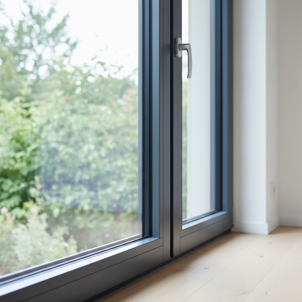 Zbliżenie na narożnik nowoczesnego, trzyszybowego okna w antracytowej ramie. Na szkle widać delikatne odbicie zieleni ogrodu, a przez jego powierzchnię wpada do wnętrza miękkie, naturalne światło, podkreślając czystość i technologiczną precyzję produktu.