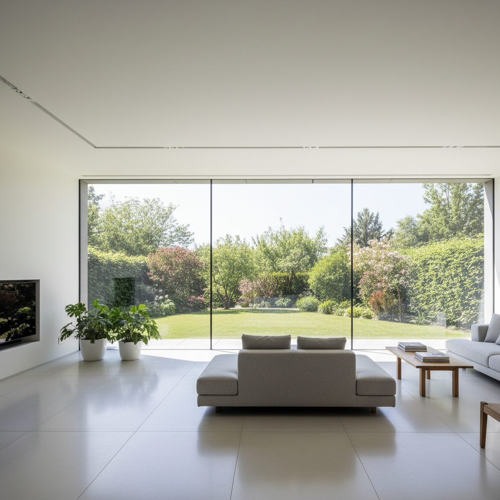 Jasny, nowoczesny salon z dużym, panoramicznym oknem z widokiem na zielony ogród. Wnętrze jest minimalistyczne, skąpane w naturalnym świetle, co podkreśla komfort i energooszczędność domu.