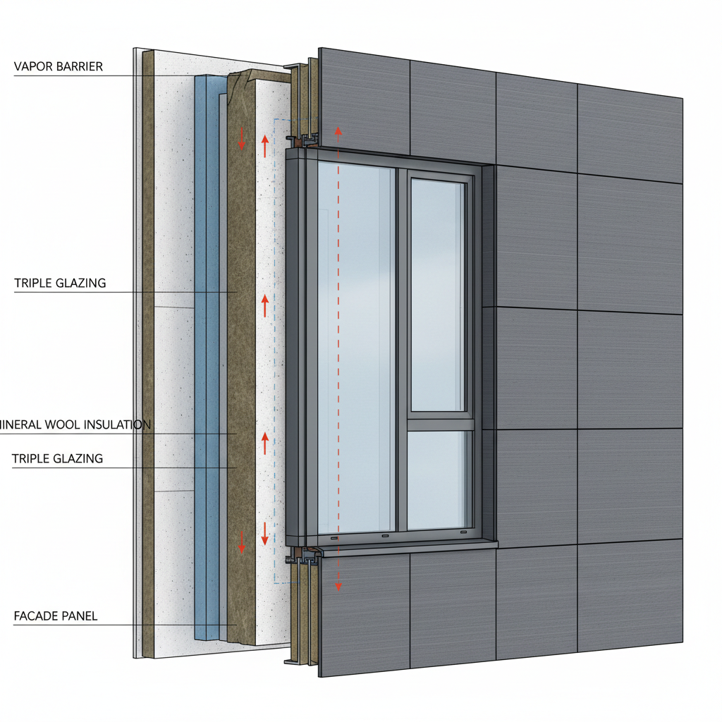 Zbliżenie na przekrój ściany zewnętrznej nowoczesnego budynku, ukazujące grube warstwy materiałów izolacyjnych. W ścianie osadzone jest duże, trzyszybowe okno w minimalistycznej ramie. Grafika ma charakter techniczny, ale jednocześnie estetyczny, podkreślając precyzję wykonania i zaawansowanie technologiczne.