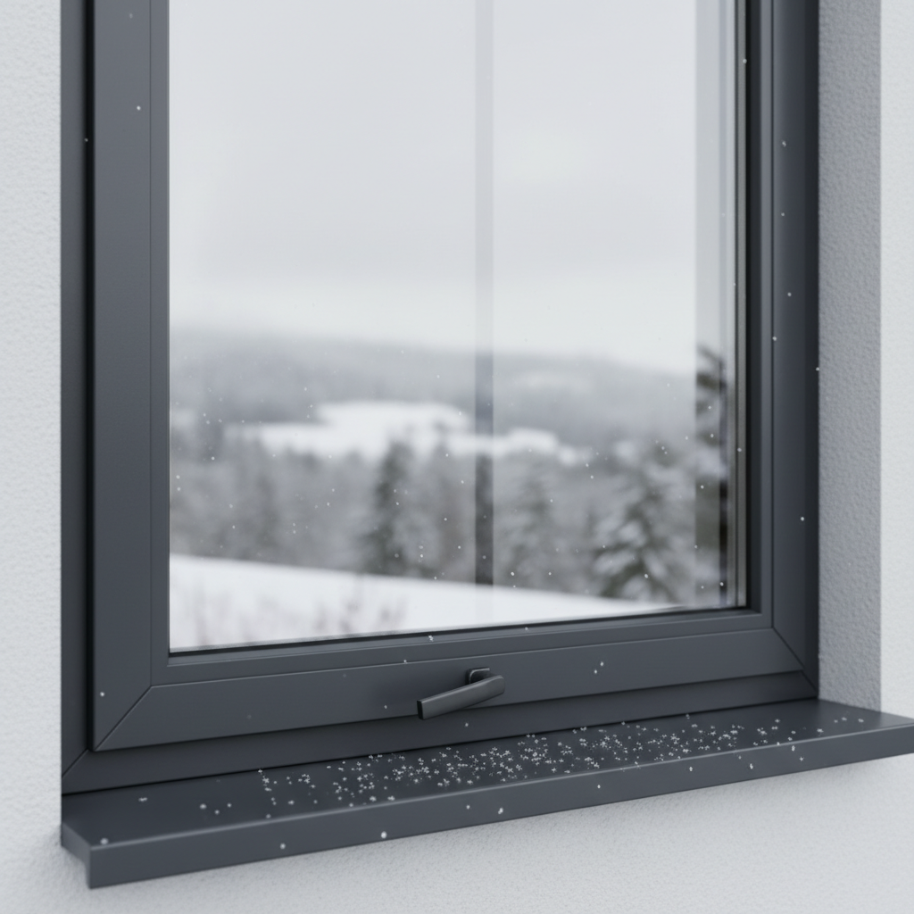 Zbliżenie na nowoczesne, antracytowe okno w nowo budowanym domu. Klamka jest ustawiona w pozycji mikrouchyłu. Przez szybę widać rozmyty, zimowy pejzaż. Na parapecie leży kilka płatków śniegu. Zdjęcie ma spokojny, minimalistyczny charakter.