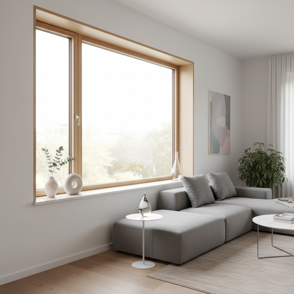 Szerokie ujęcie jasnego, nowoczesnego salonu z dużym, idealnie zamontowanym oknem, przez które wpada ciepłe, poranne światło. Na parapecie stoi kilka minimalistycznych dekoracji. Wnętrze jest harmonijne i spokojne, co podkreśla perfekcyjne dopasowanie stolarki okiennej.