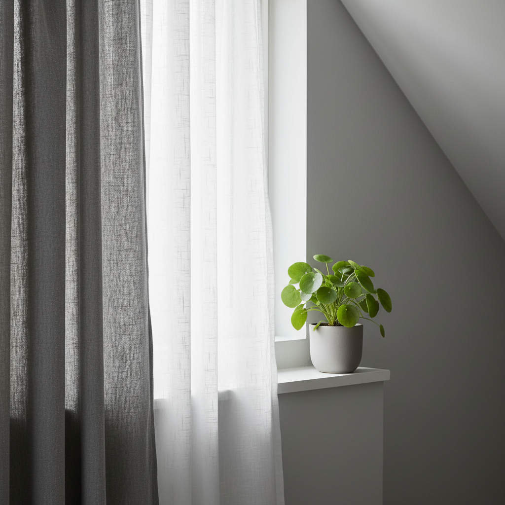 Zbliżenie na okno dachowe w szarej sypialni. Przez delikatną, białą firankę przesącza się miękkie światło. Obok wisi długa, lniana zasłona w grafitowym kolorze. Na parapecie stoi mała, ceramiczna doniczka z zieloną rośliną. Kadr uchwycony tak, by pokazać grę światła na różnych fakturach tkanin.