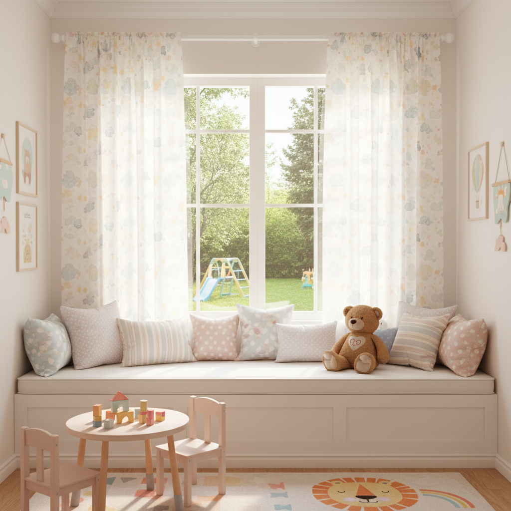 Jasny i radosny pokój dziecka z oknem wychodzącym na zielone podwórko. Na oknie wiszą bawełniane zasłony w delikatny, pastelowy wzór w chmurki i gwiazdki. Pod oknem znajduje się niski, biały parapet przerobiony na siedzisko z miękkimi poduszkami. Obok leży pluszowy miś. Cała scena jest bezpieczna, przytulna i pobudza wyobraźnię.