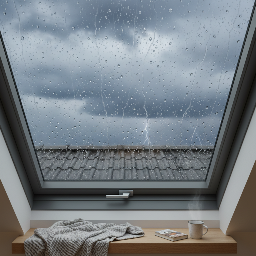 Zbliżenie na nowoczesne okno dachowe Roto podczas ulewnego deszczu. Krople wody spływają po idealnie gładkiej szybie, a kołnierz uszczelniający wokół okna jest nienaruszony. Widok z wnętrza ciepłego, przytulnego poddasza na burzowe niebo, co podkreśla bezpieczeństwo i szczelność okna.