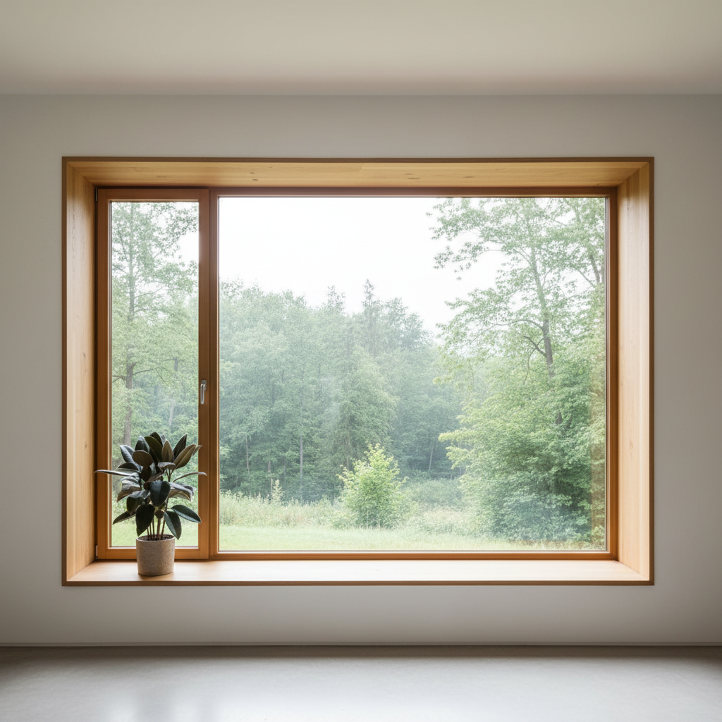 Nowoczesne, duże okno drewniane w salonie z minimalistycznym wystroju, przez które widać spokojny, zielony krajobraz leśny o poranku. Wnętrze jest jasne, oświetlone naturalnym światłem, a na drewnianym parapecie stoi pojedyncza, elegancka roślina doniczkowa.