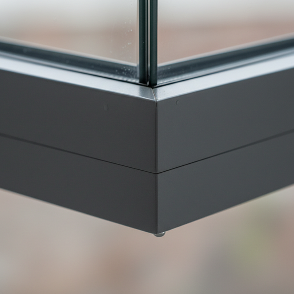 Makro ujęcie narożnika nowoczesnego okna PVC w kolorze antracytowym. Profil okienny ma wyraźnie zaokrąglone, opływowe krawędzie, co nadaje mu miękki i elegancki wygląd. Tło jest delikatnie rozmyte, skupiając uwagę na subtelnym designie i fakturze ramy.