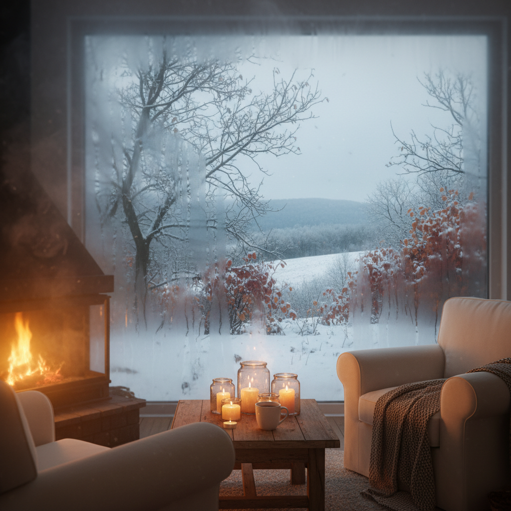 Przytulne wnętrze z parującym oknem, za którym widać jesienny lub zimowy krajobraz. Ciepłe światło w środku, zimne kolory na zewnątrz, tworzące kontrast.