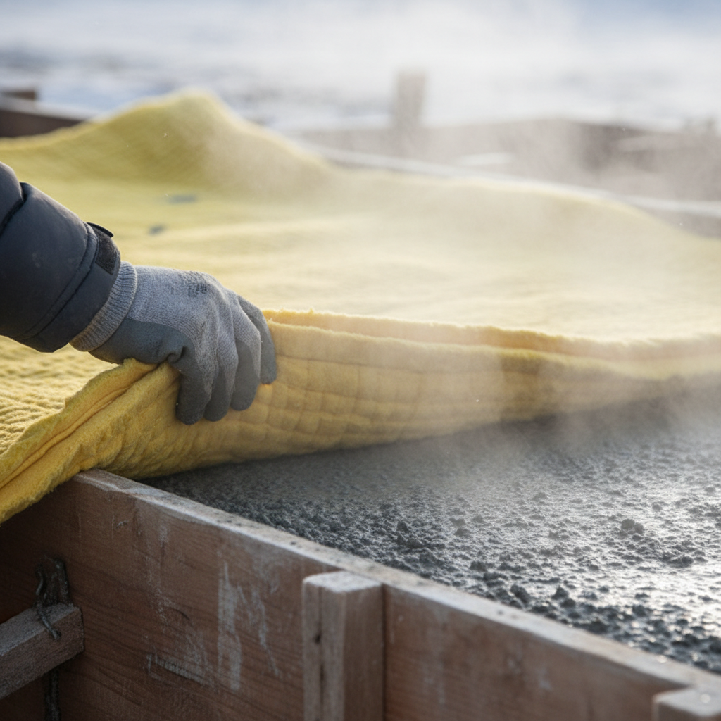 Zbliżenie na świeżo wylany beton w szalunku, który jest starannie przykrywany przez pracownika budowlanego grubą, żółtą matą izolacyjną. W tle widać lekką mgiełkę pary unoszącej się z ciepłego betonu na mroźnym powietrzu.