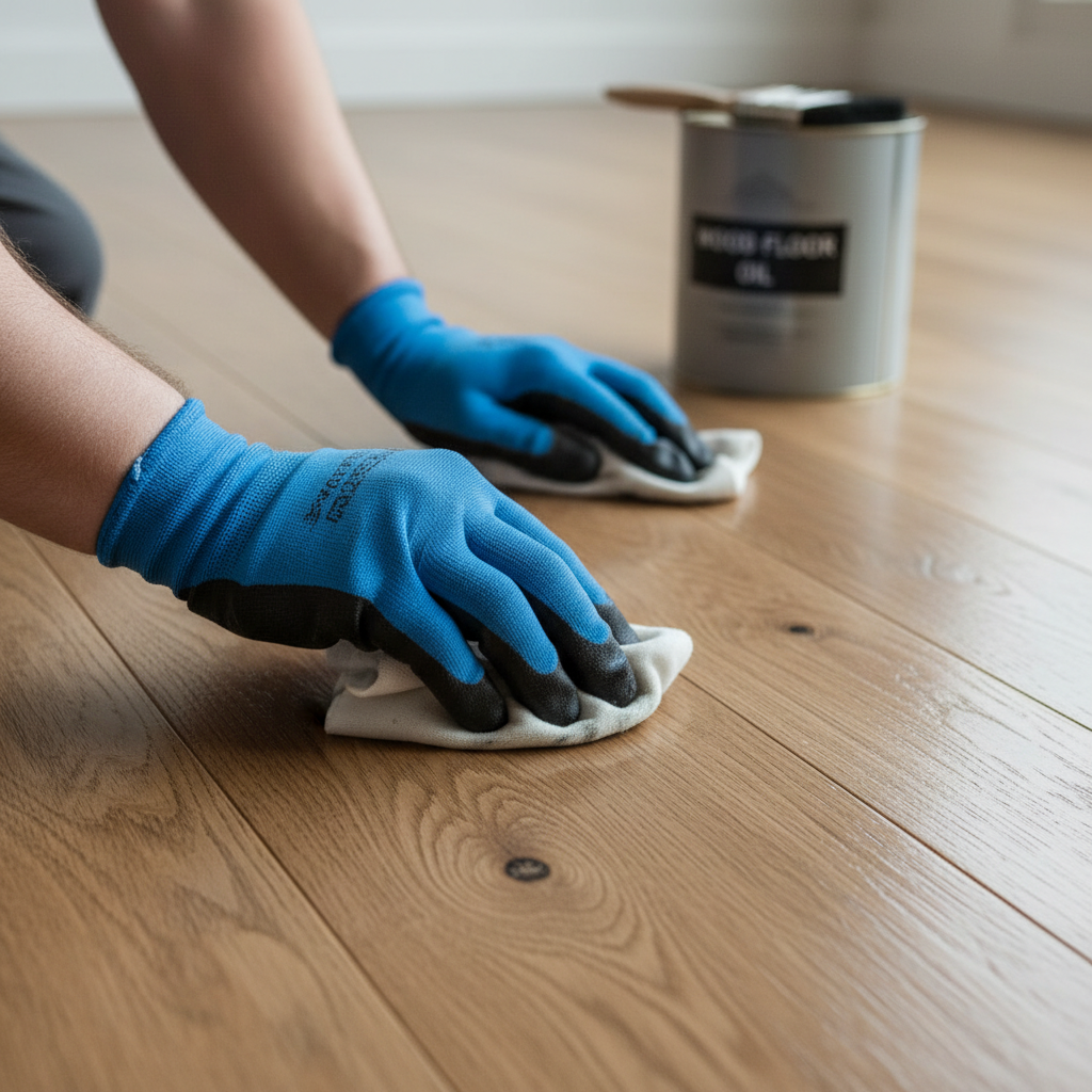 Zbliżenie na dłonie mężczyzny w roboczych rękawicach, który wciera olej w świeżo położoną podłogę z desek dębowych. Używa do tego białej, bawełnianej szmatki. Drewno nabiera głębokiego, satynowego połysku. Scena jest dobrze oświetlona, co podkreśla naturalną strukturę słojów drewna. W tle widać puszkę z olejem do drewna.