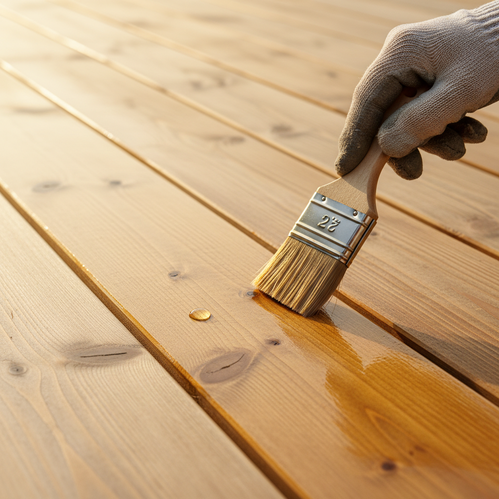 Zbliżenie na dłoń w rękawicy roboczej, która za pomocą pędzla nanosi złocisty olej na deski tarasowe z modrzewia syberyjskiego. Widać wyraźną różnicę między surowym, jaśniejszym drewnem a zaimpregnowaną, nasyconą kolorem i hydrofobową powierzchnią, na której perli się kropla wody. Ciepłe, popołudniowe światło podkreśla naturalne usłojenie drewna.