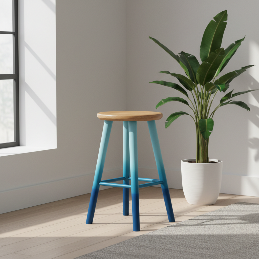 Stylowy drewniany stołek z nogami pomalowanymi techniką ombre w odcieniach błękitu, stojący w jasnym, minimalistycznym salonie obok zielonej rośliny doniczkowej. Ciepłe, naturalne światło pada na mebel, podkreślając subtelne przejście kolorów.