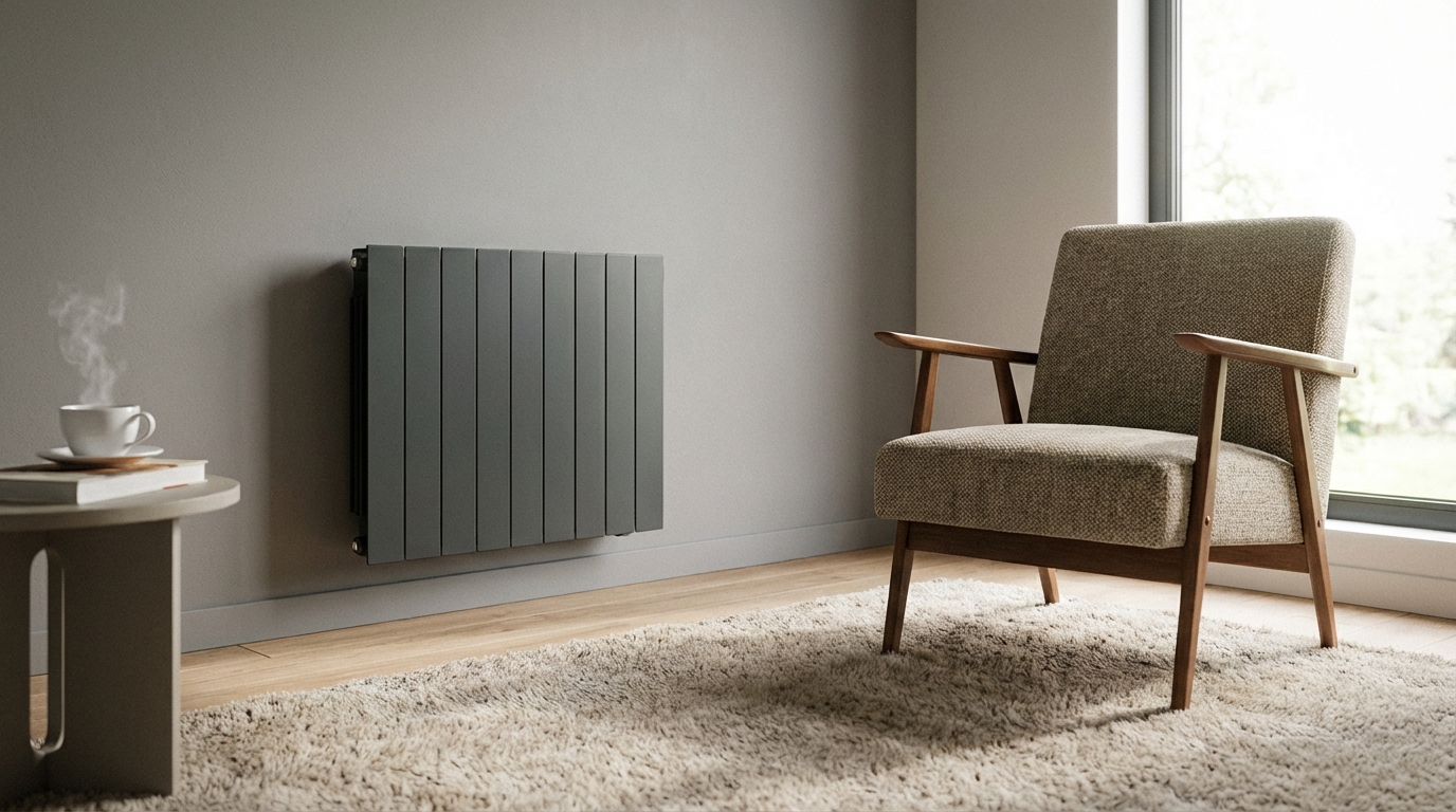 Elegancki, antracytowy grzejnik Atlantic Oniris zamontowany na minimalistycznej, szarej ścianie w nowoczesnym salonie. Obok stoi stylowy fotel, a na podłodze leży miękki dywan. Wnętrze jest jasne, oświetlone naturalnym światłem wpadającym przez duże okno. Zdjęcie ma ciepłą, przytulną atmosferę, podkreślającą komfort i design produktu.