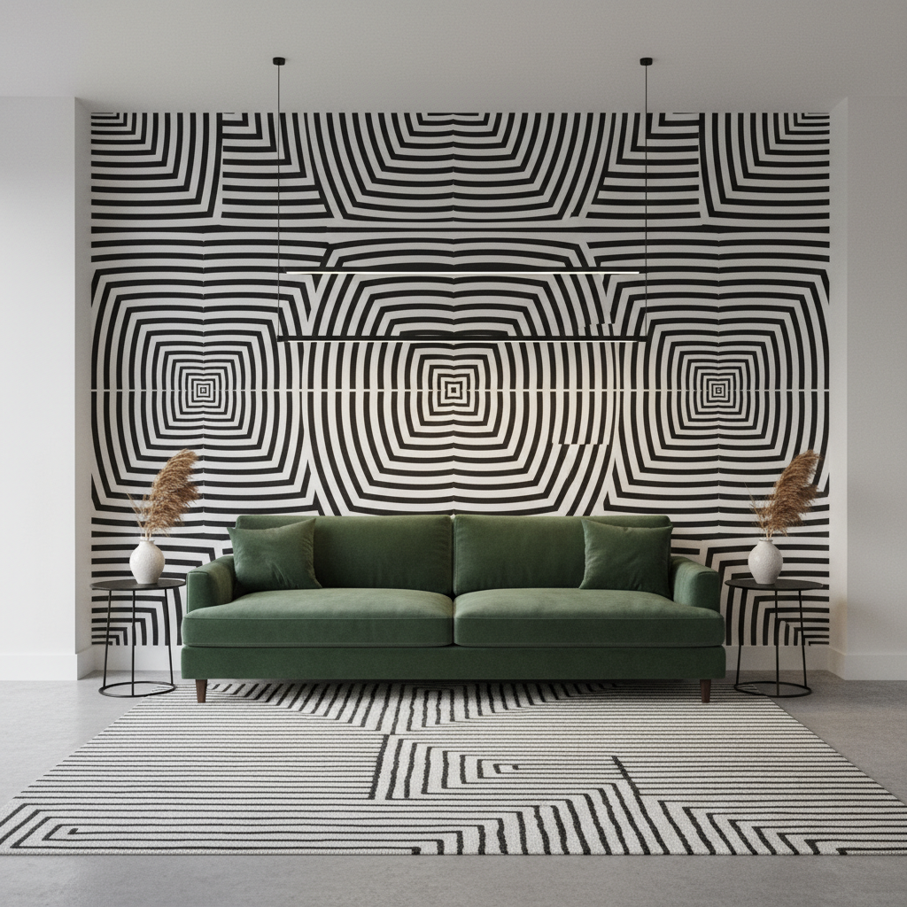 Spektakularny salon w stylu nowoczesnym, gdzie centralnym punktem jest ściana akcentowa pokryta tapetą op-art. Wzór jest czarno-biały, hipnotyzujący, tworzący iluzję ruchu i głębi. Przed ścianą stoi prosta, elegancka sofa w kolorze butelkowej zieleni. Minimalistyczne oświetlenie i dodatki pozwalają ścianie w pełni zdominować przestrzeń. Zdjęcie ma charakter premium i inspirujący.