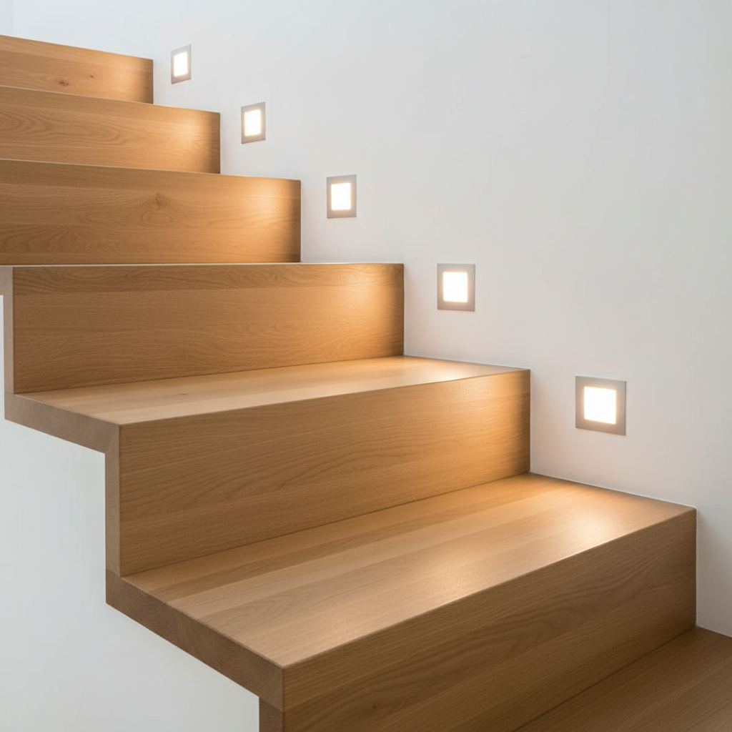 Zbliżenie na fragment prostych, minimalistycznych schodów z białej ściany. Nisko nad stopniami zamontowane są kwadratowe, wpuszczane oprawy świetlne, które rzucają miękkie, geometryczne plamy światła na drewniane stopnie, zapewniając bezpieczeństwo i nowoczesny wygląd.