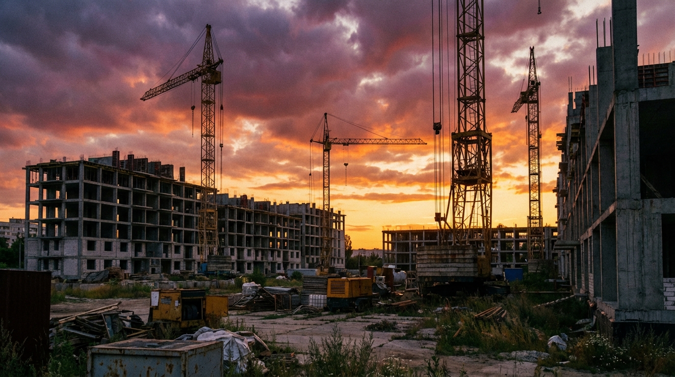 Szeroki kadr przedstawiający plac budowy osiedla mieszkaniowego o zachodzie słońca. Szkielety budynków i unieruchomione dźwigi rysują się na tle dramatycznego, pomarańczowo-fioletowego nieba. Na placu nie ma żadnych pracowników, panuje cisza i poczucie zawieszenia, co symbolizuje niepewną przyszłość inwestycji.