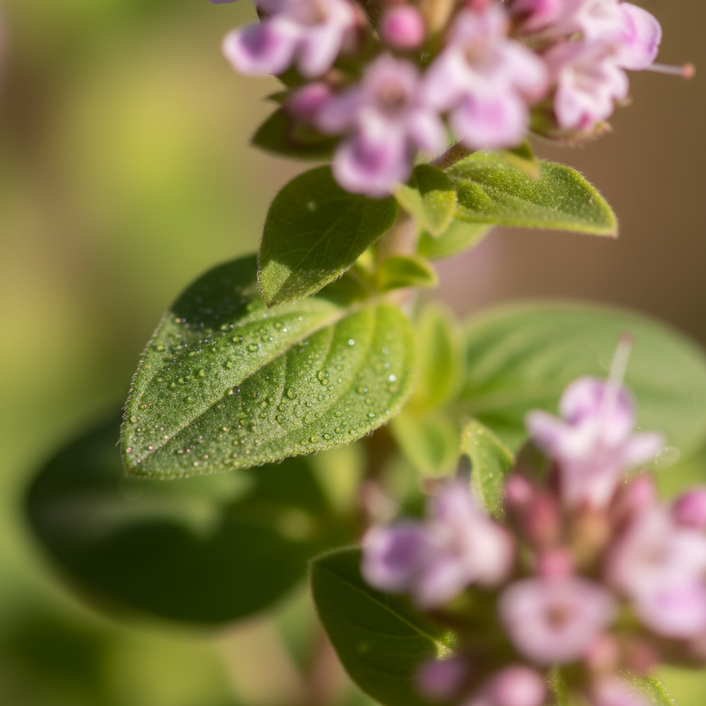 Makrofotografia liści oregano, na których wyraźnie widać drobne, błyszczące gruczoły olejkowe. W tle, w delikatnym rozmyciu, widoczne są drobne, różowoliliowe kwiaty rośliny. Całość skąpana jest w ciepłym, letnim świetle.