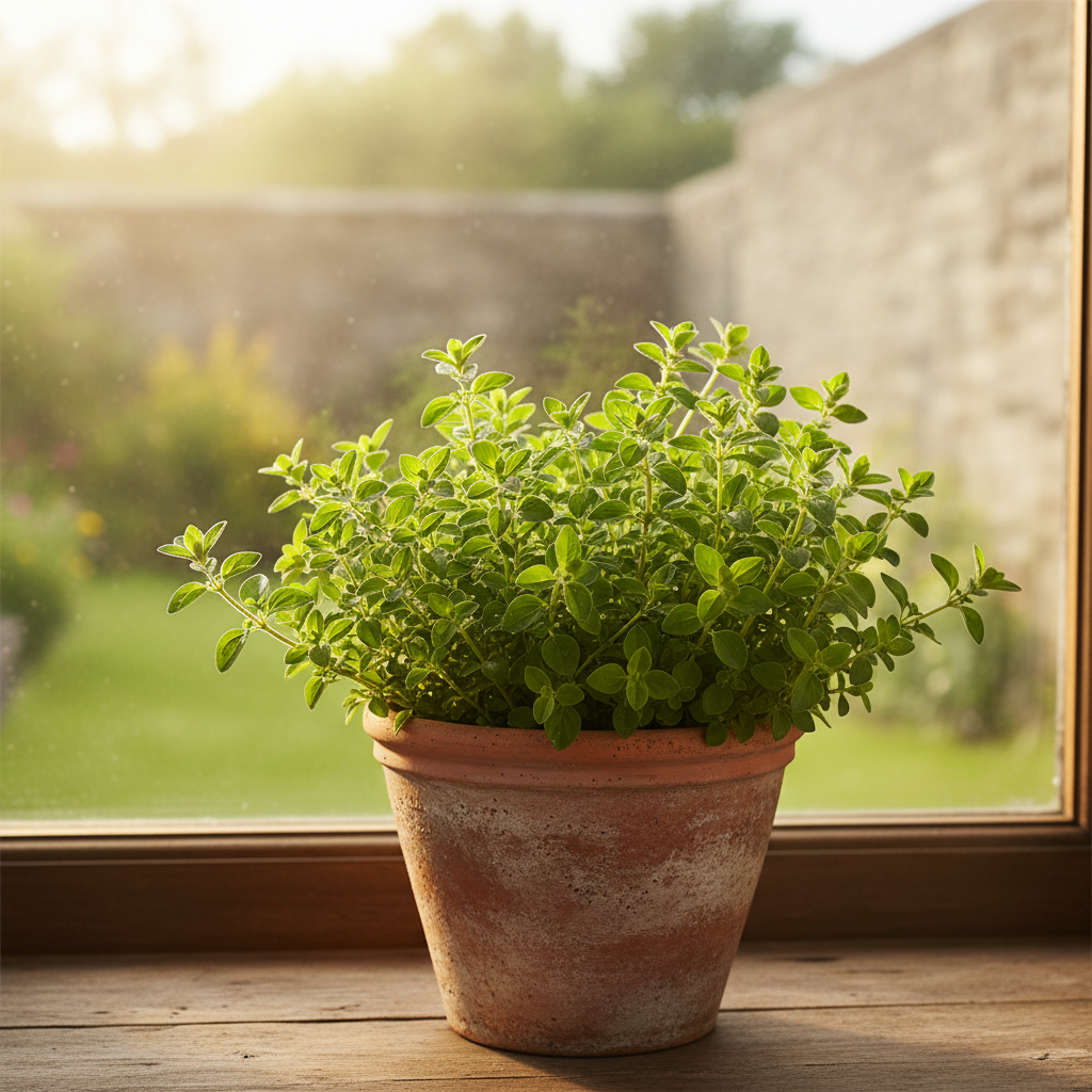 Piękna, bujna kępa świeżego oregano rosnąca w rustykalnej, glinianej doniczce. Doniczka stoi na drewnianym parapecie, a przez okno wpada ciepłe, poranne światło słoneczne, które subtelnie podświetla intensywnie zielone listki. Tło jest delikatnie rozmyte, co skupia uwagę na roślinie.